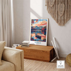 Keswick Lake District Travel Poster showcasing a serene sunset over the lake, perfect for travel enthusiasts.
