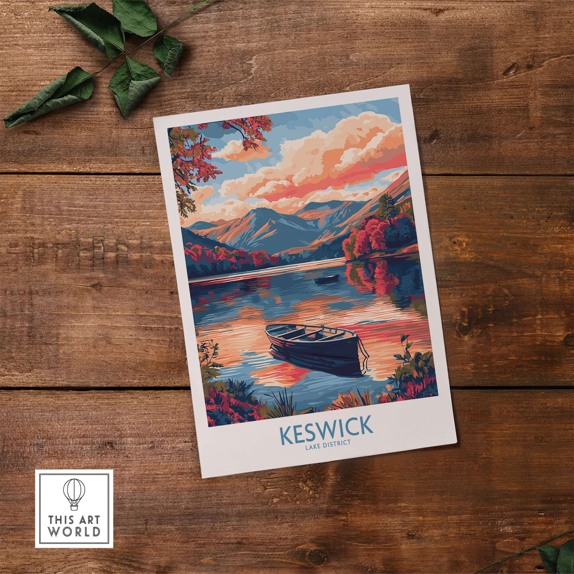 Keswick Lake District Travel Poster featuring a serene lake view with mountains and a boat.