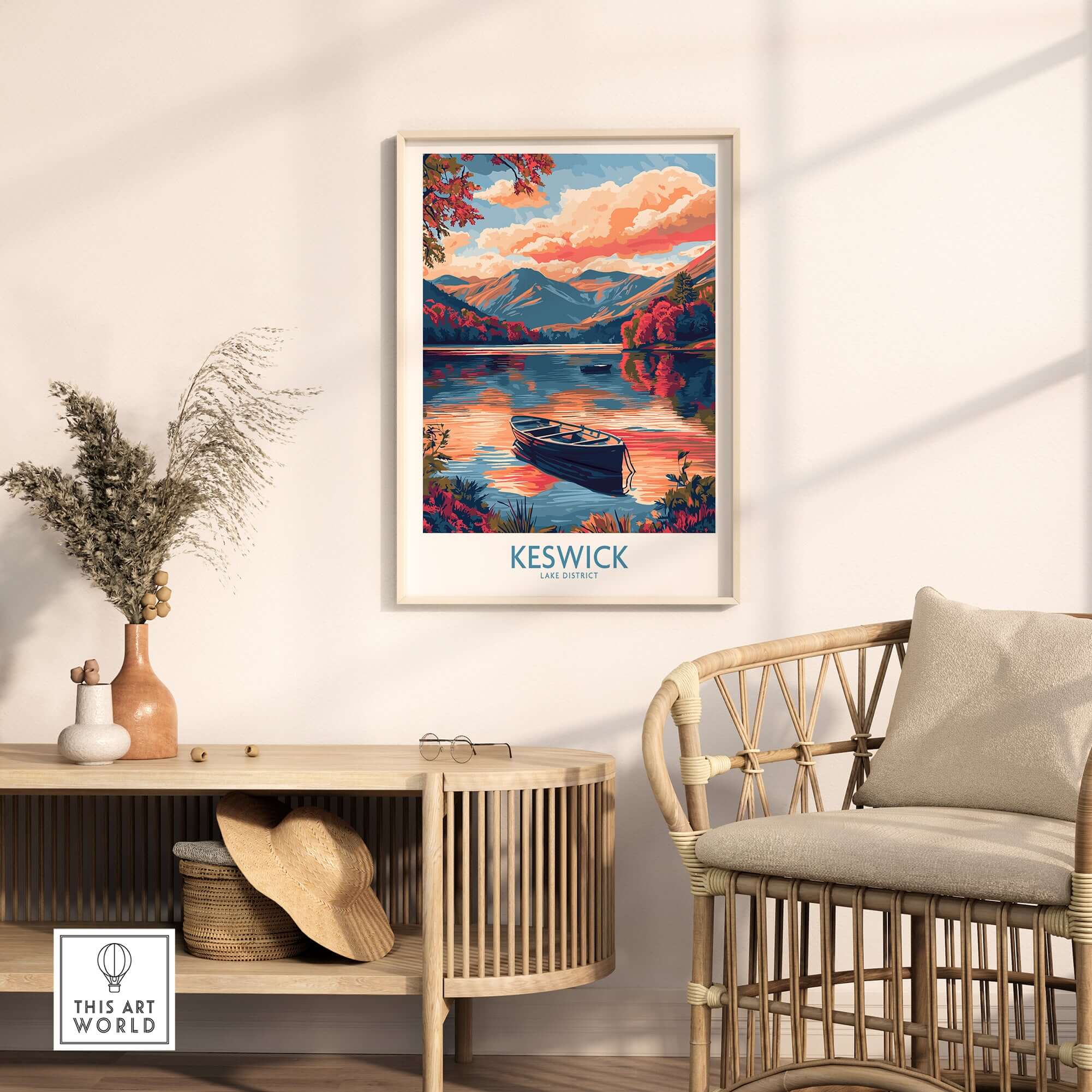 Keswick Lake District Travel Poster displayed in a stylish living room with serene lake and mountains.