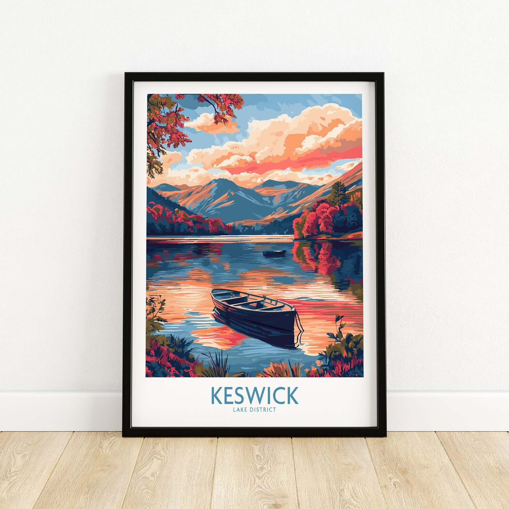 Keswick Lake District travel poster featuring a serene lake, mountains, and a vibrant sunset over a framed artwork.