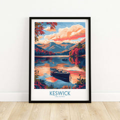 Keswick Lake District Travel Poster featuring a serene lake with a boat and stunning mountains in the background.