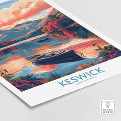Keswick Lake District Travel Poster featuring a serene lake and boat, capturing the beauty of Keswick in vibrant colors.