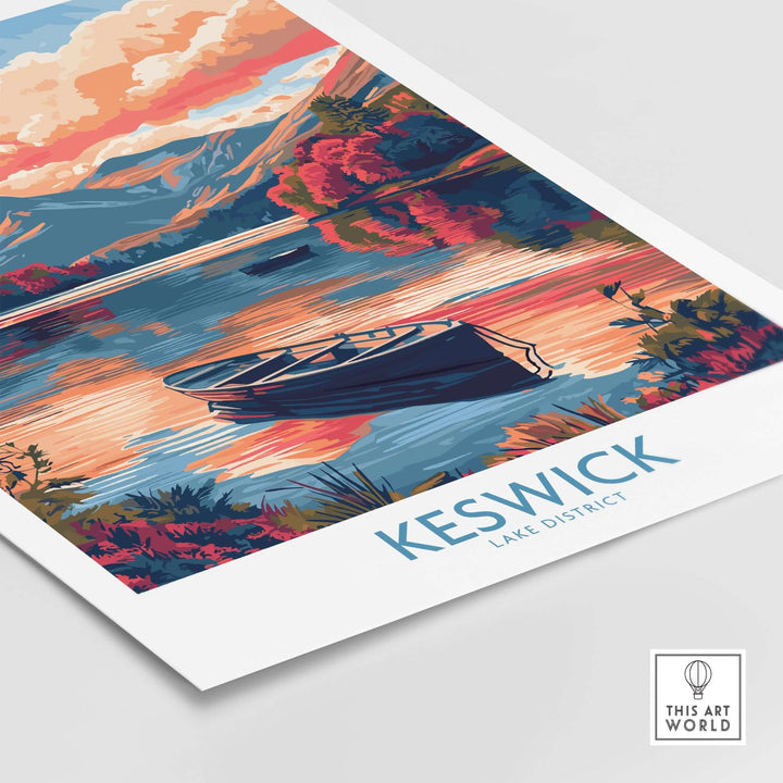 Keswick Lake District travel poster featuring a serene lake sunset and a boat, perfect for travel decor.