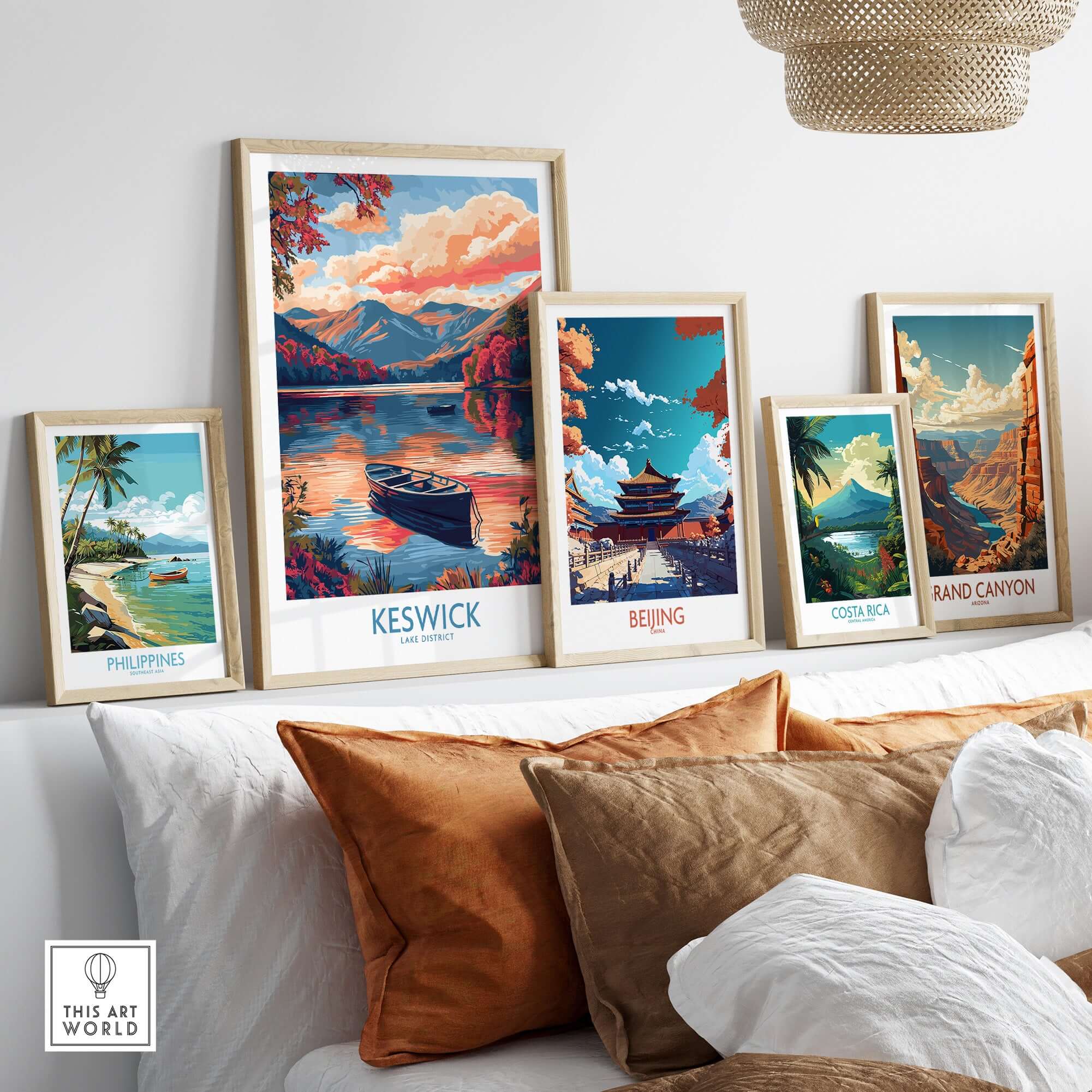 Keswick Lake District Travel Poster displayed among other travel posters in stylish decor setting.