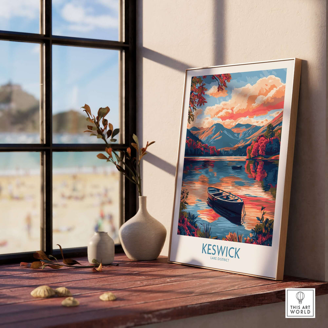 Keswick Lake District travel poster showcasing a serene sunset over a lake with mountains, perfect for travel enthusiasts.