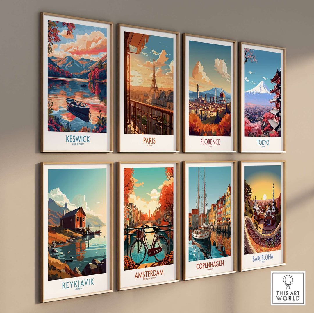 Gallery of vintage travel posters featuring Keswick, Paris, Florence, Tokyo, Reykjavik, Amsterdam, Copenhagen, and Barcelona.