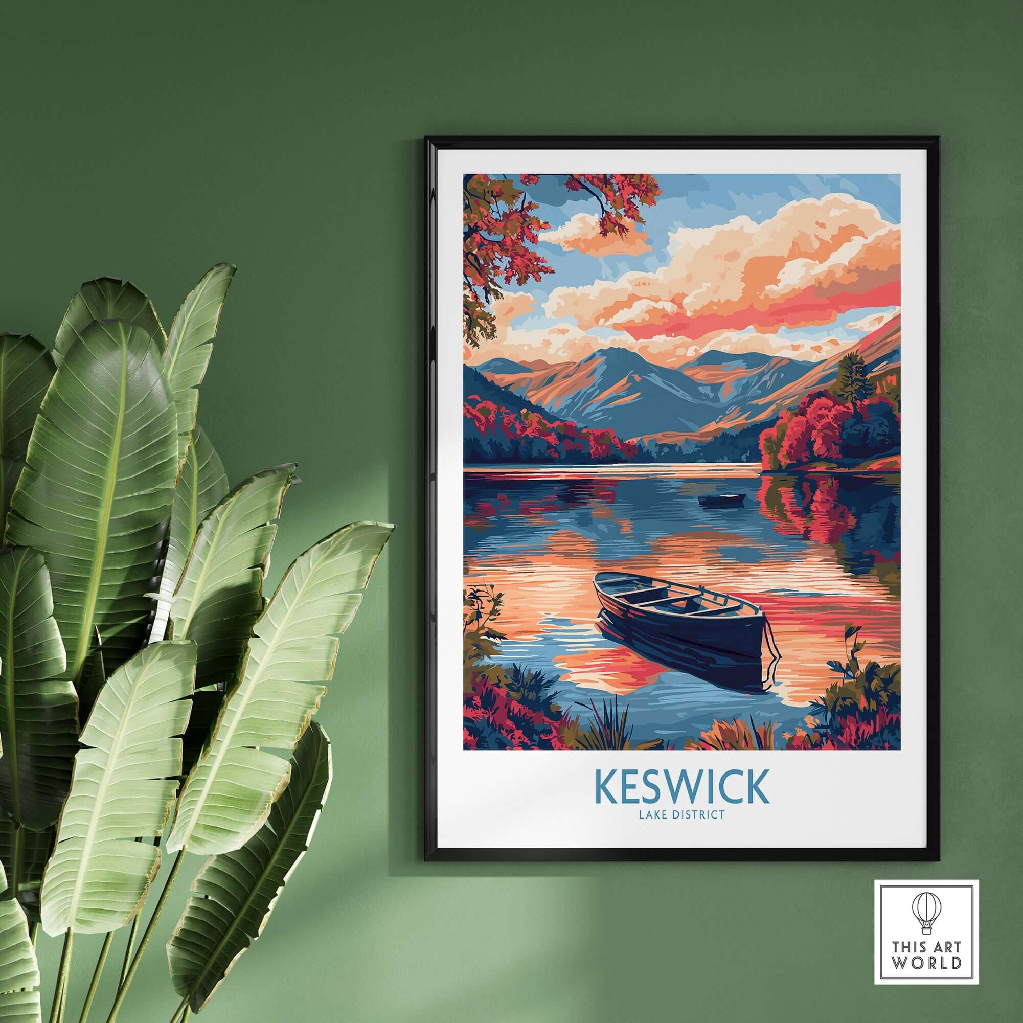Keswick Lake District Travel Poster showcasing serene lake at sunset with vibrant colors.