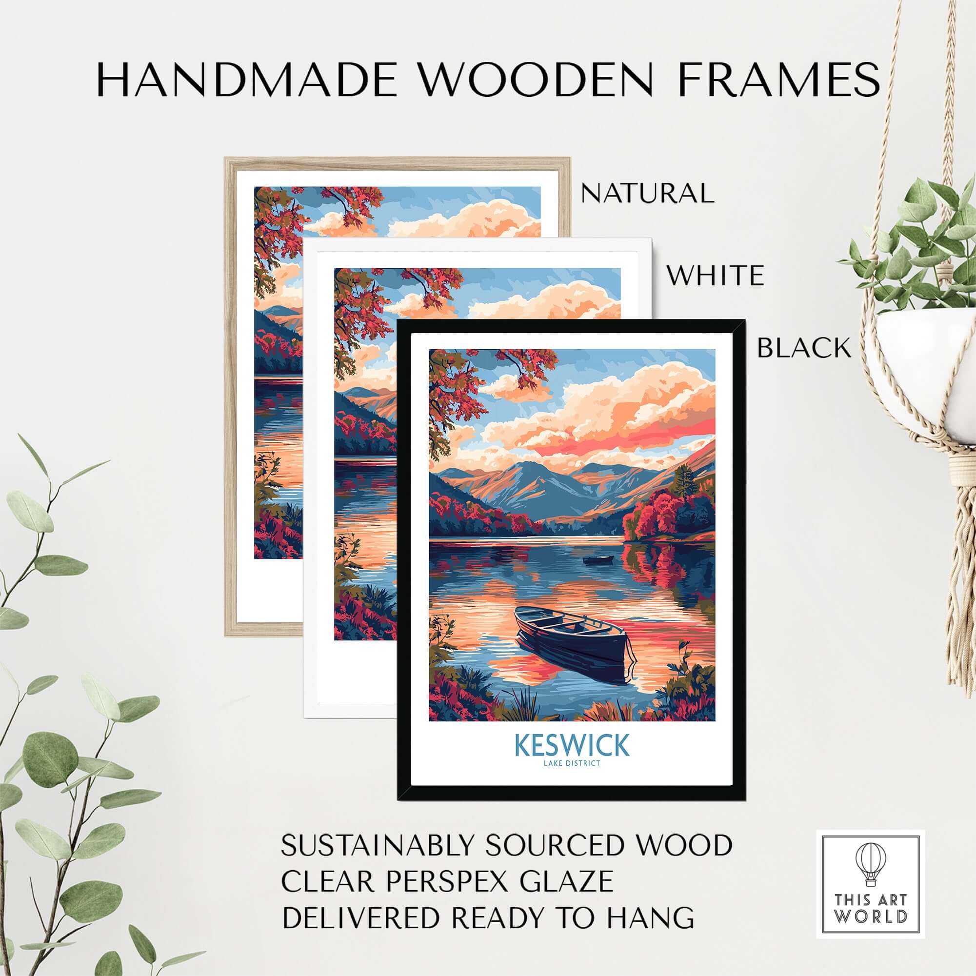 Keswick Lake District Travel Poster displayed in handmade wooden frames in natural, white, and black finishes.
