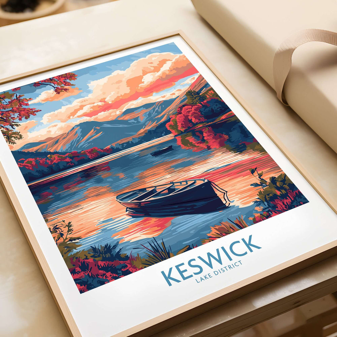 Keswick Lake District travel poster featuring a serene lake and vibrant sunset, perfect for home decor.