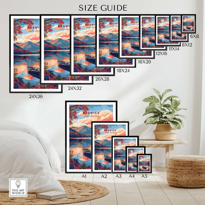 Size guide for Keswick Lake District travel prints, showcasing various framed sizes against a cozy room backdrop.