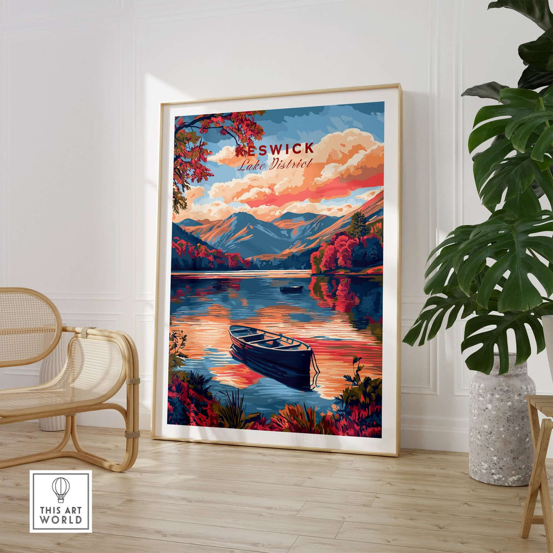 Keswick Lake District travel print featuring a vibrant sunset over serene waters, perfect for home decor.