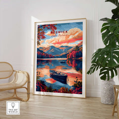 Keswick Lake District Travel Print showcasing a vibrant sunset over the lake with mountains in the background.