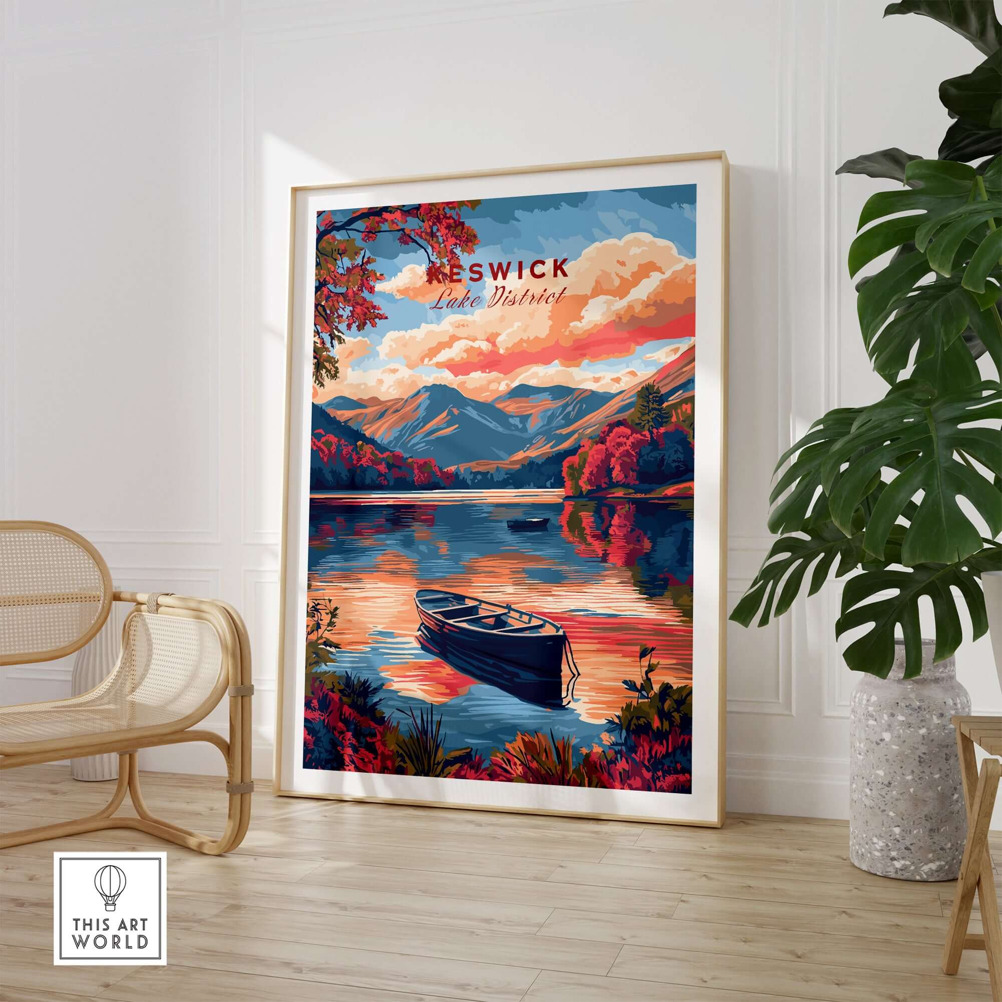 Keswick Lake District Travel Print showcasing a vibrant sunset over the lake with mountains in the background.