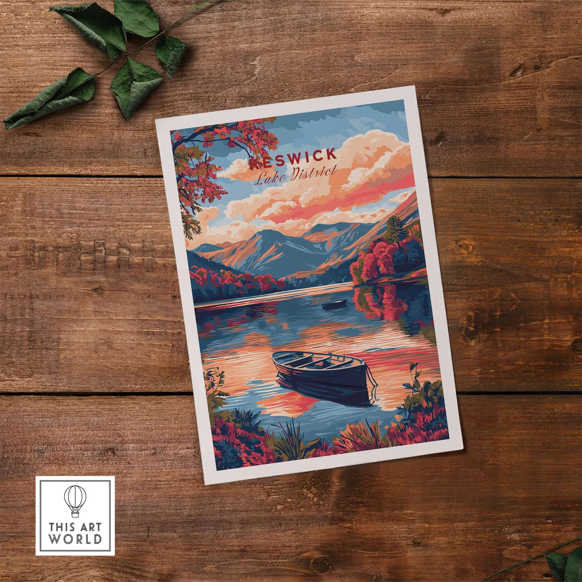 Keswick Lake District Travel Print featuring a scenic sunset over a tranquil lake with mountains and a boat.