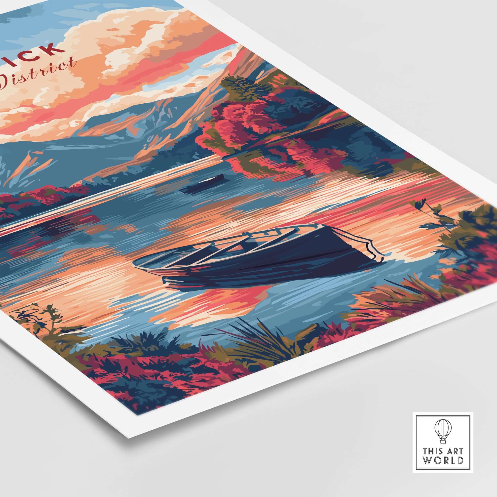 Keswick Lake District Travel Print showcasing a vibrant sunset over a serene lake with a boat.