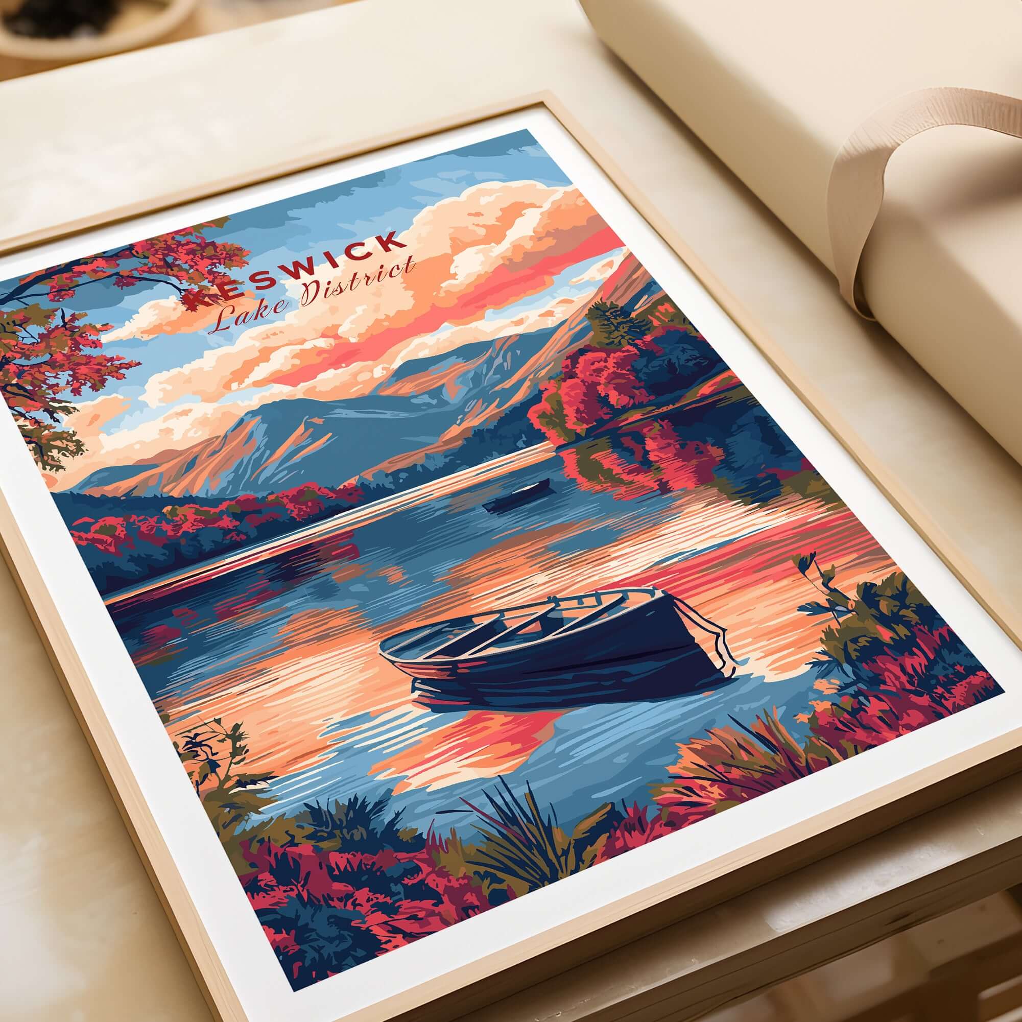 Keswick Lake District Travel Print featuring a vibrant sunset and serene landscape with a boat on the water.