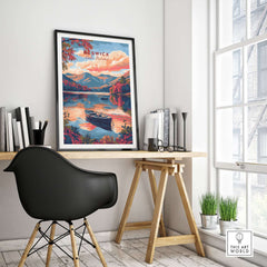 Keswick Lake District Travel Print displayed on a desk in a stylish interior, featuring serene lake and mountain scenery.