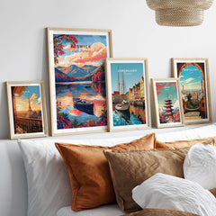 Keswick Lake District Travel Print displayed among other travel prints in a stylish living room setting.