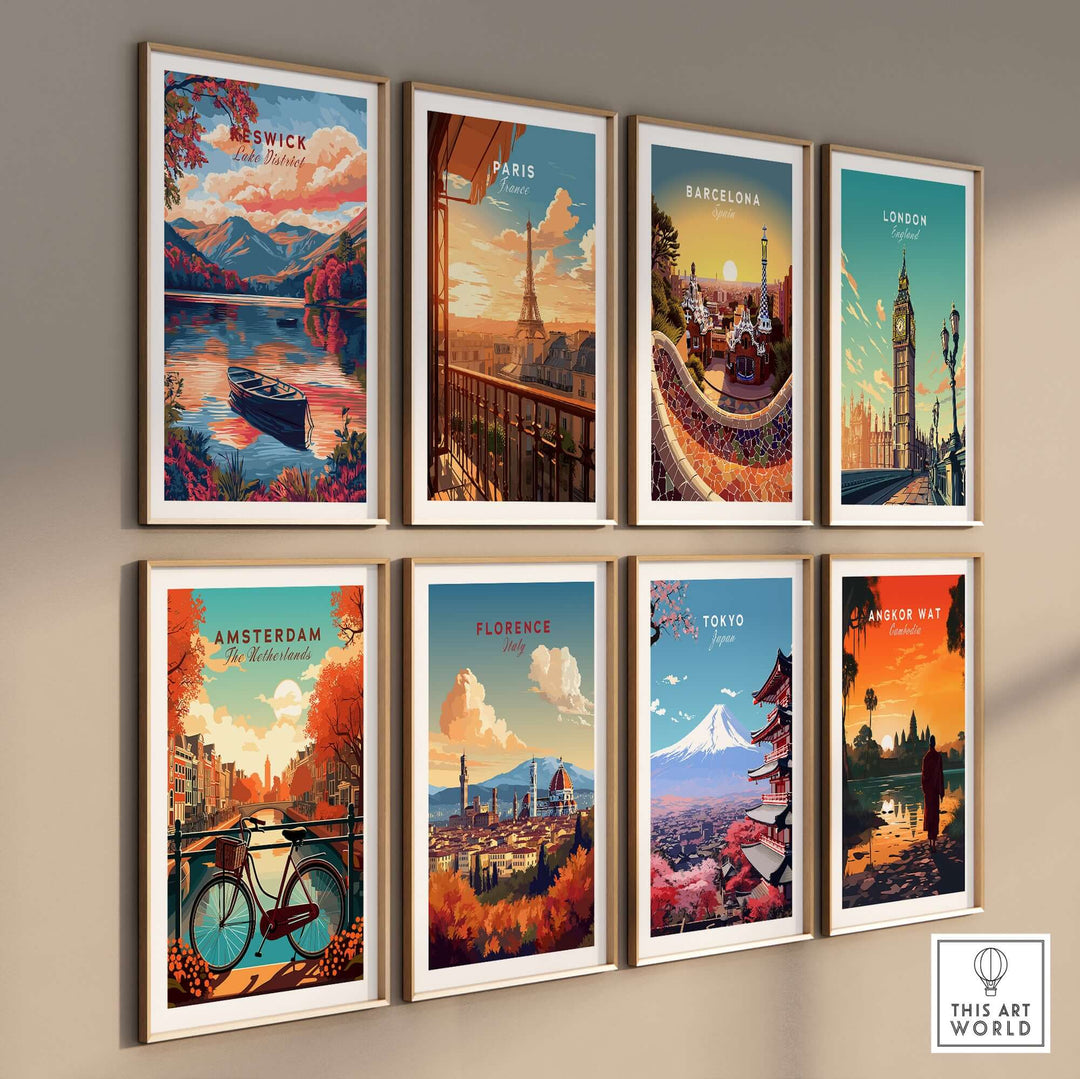 Collection of travel prints showcasing iconic cities including Keswick, Paris, Barcelona, London, Amsterdam, Florence, and Tokyo.