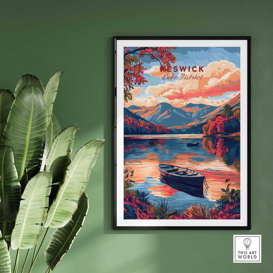 Keswick Lake District travel print featuring a vibrant sunset over calm waters with a boat, perfect for home decor.