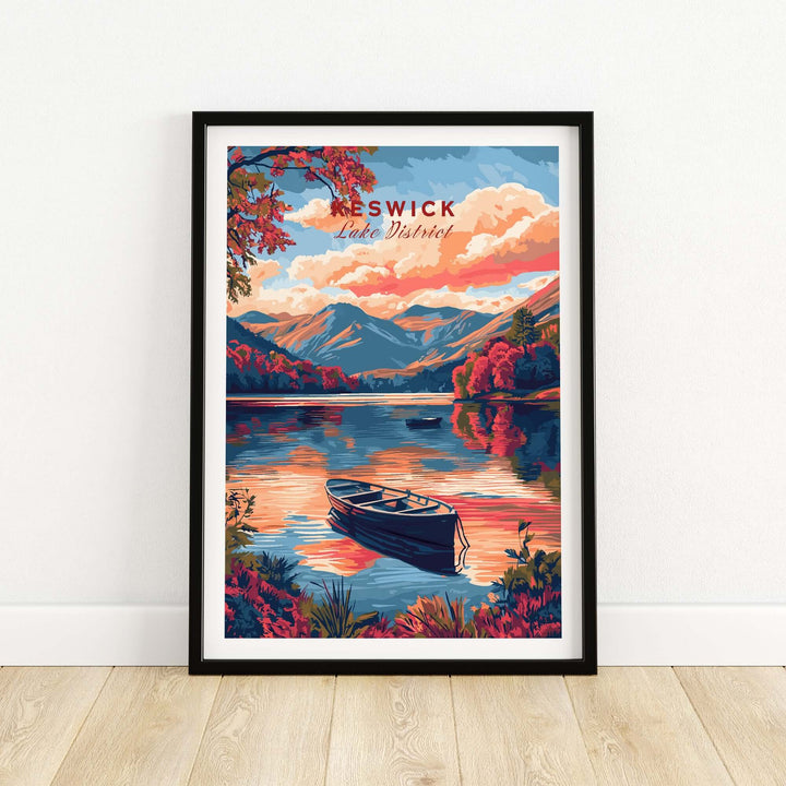 Keswick Lake District travel print featuring a serene landscape with mountains, sunset, and a boat on the water.