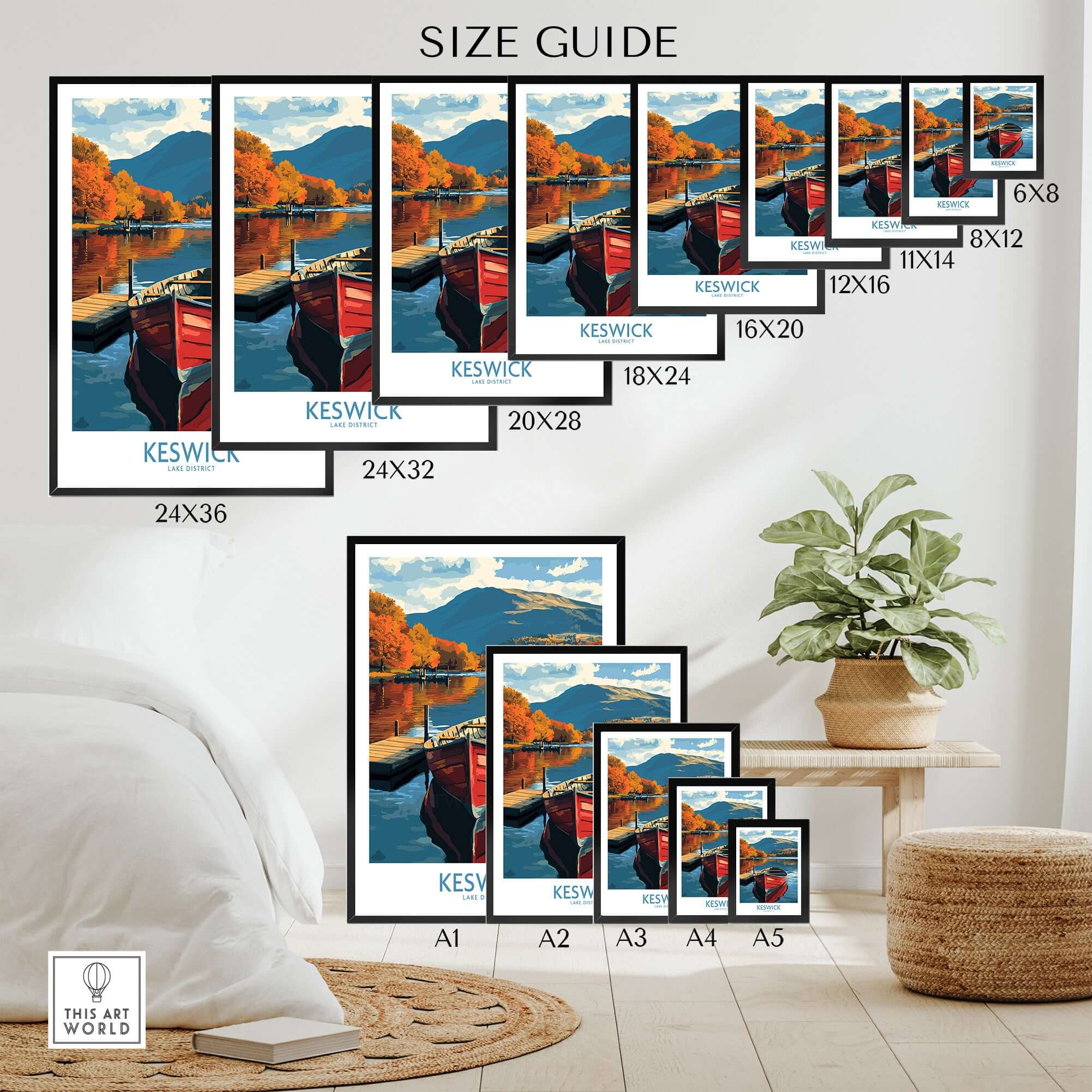 Keswick Poster size guide showcasing different sizes of the stunning Keswick Poster decor for home.