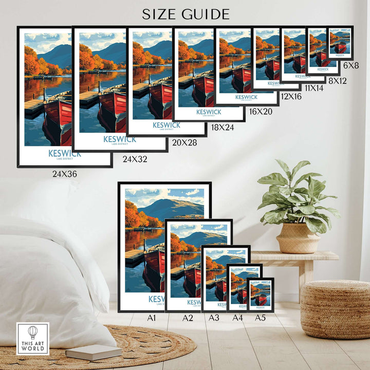 Keswick Poster size guide featuring various frame sizes displayed in a modern living room setting.