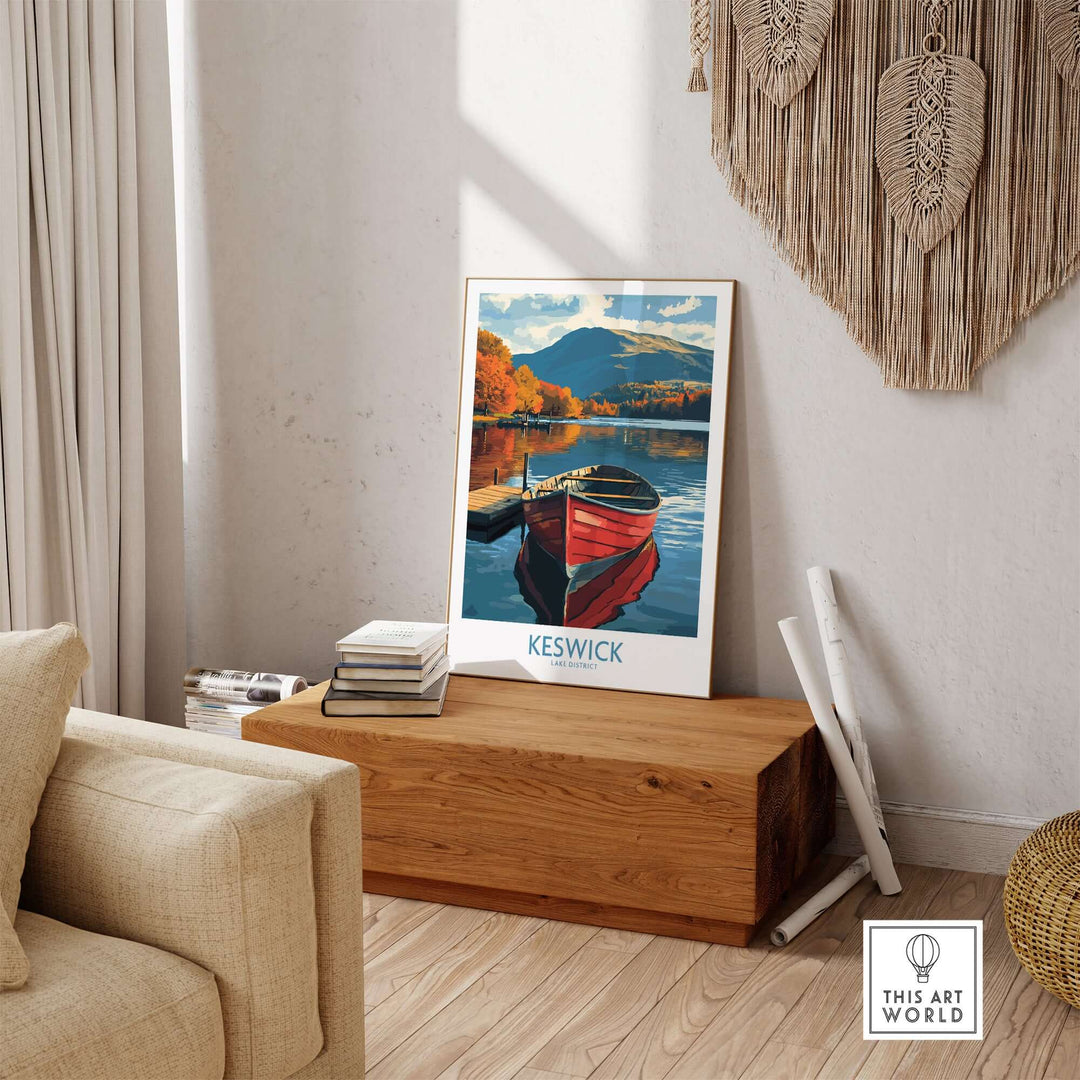 Keswick poster showcasing a scenic view of the Lake District with a red boat on serene waters, perfect for home decor.