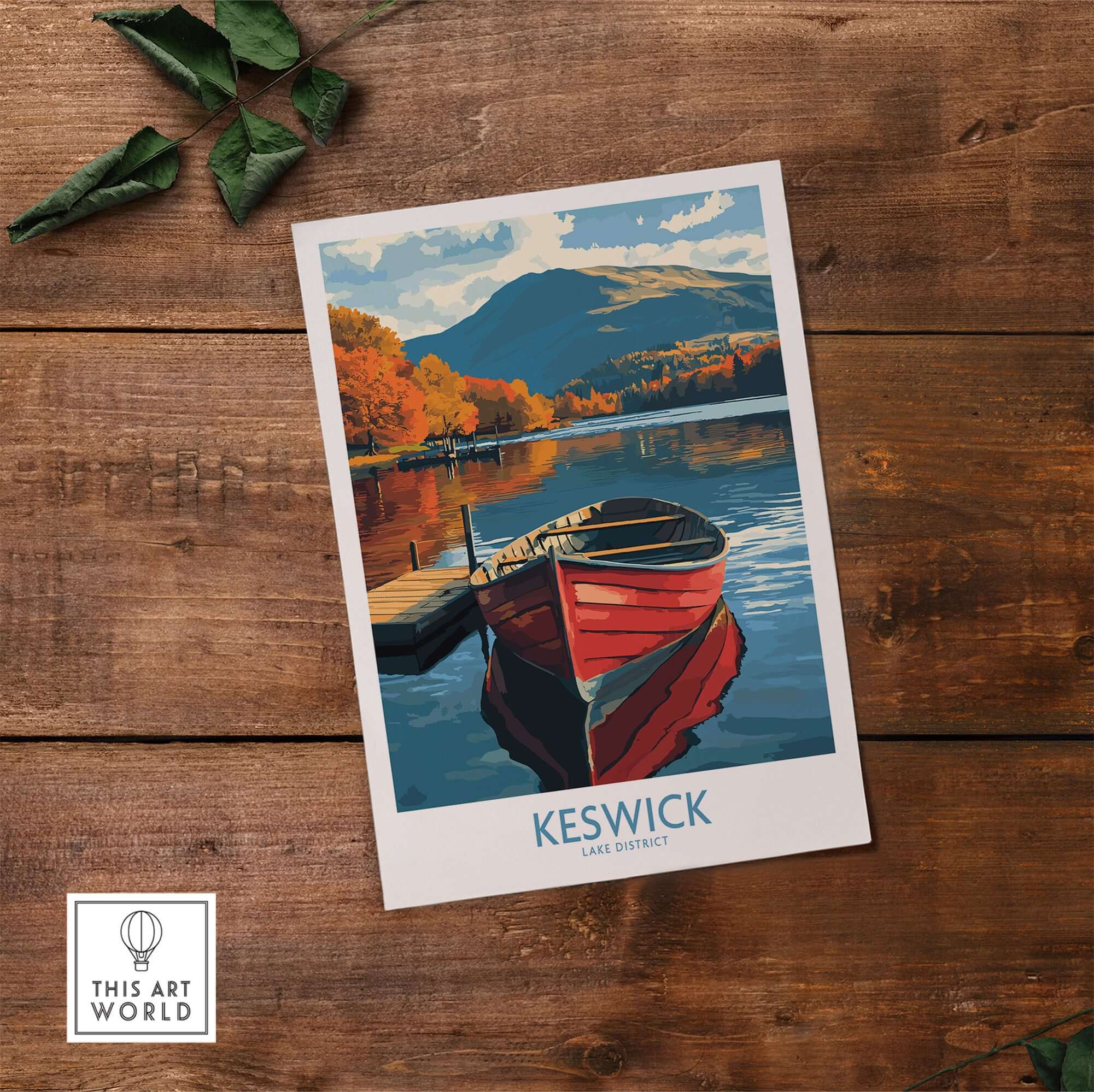 Keswick Poster showcasing a serene red boat on a lake with autumn foliage in the background, depicting the Lake District.
