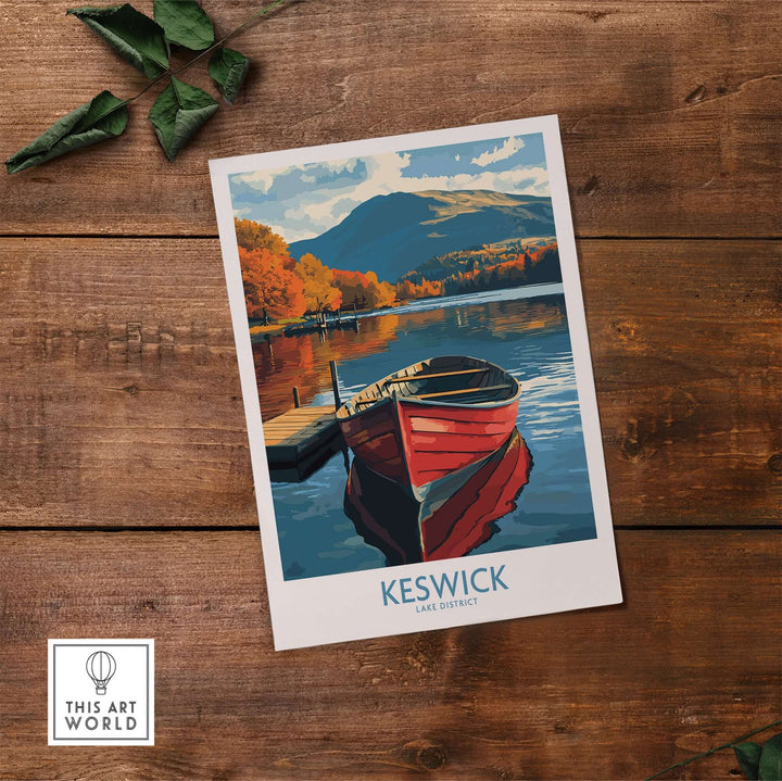 Keswick poster featuring a scenic lake view with a red boat, capturing the beauty of the Lake District.