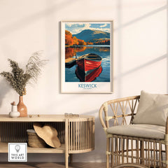 Keswick Poster featuring a beautiful boat on a tranquil lake with autumn foliage in the Lake District.