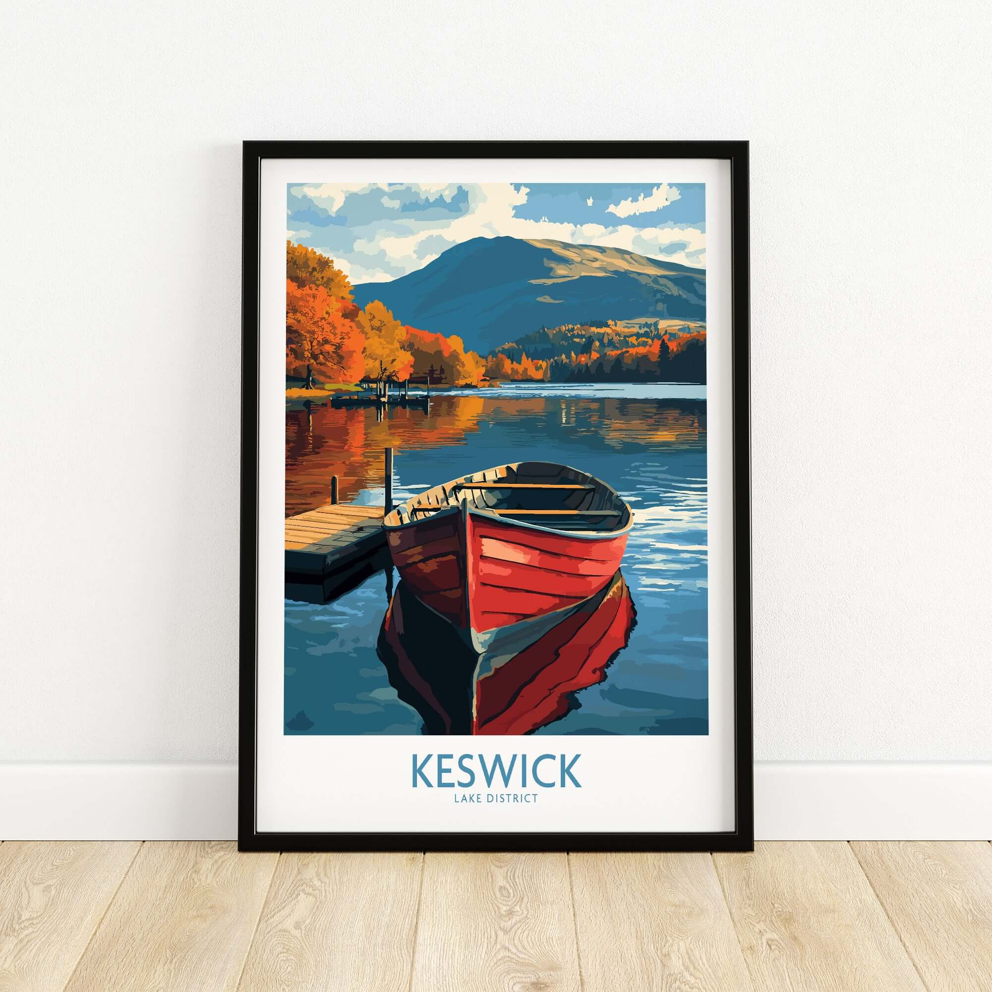 Keswick Poster showcasing a serene view of a red boat on a lake with autumn trees in the background.