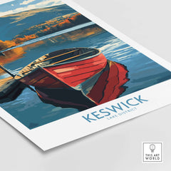 Keswick Poster featuring a vibrant red boat on a serene Lake District landscape.