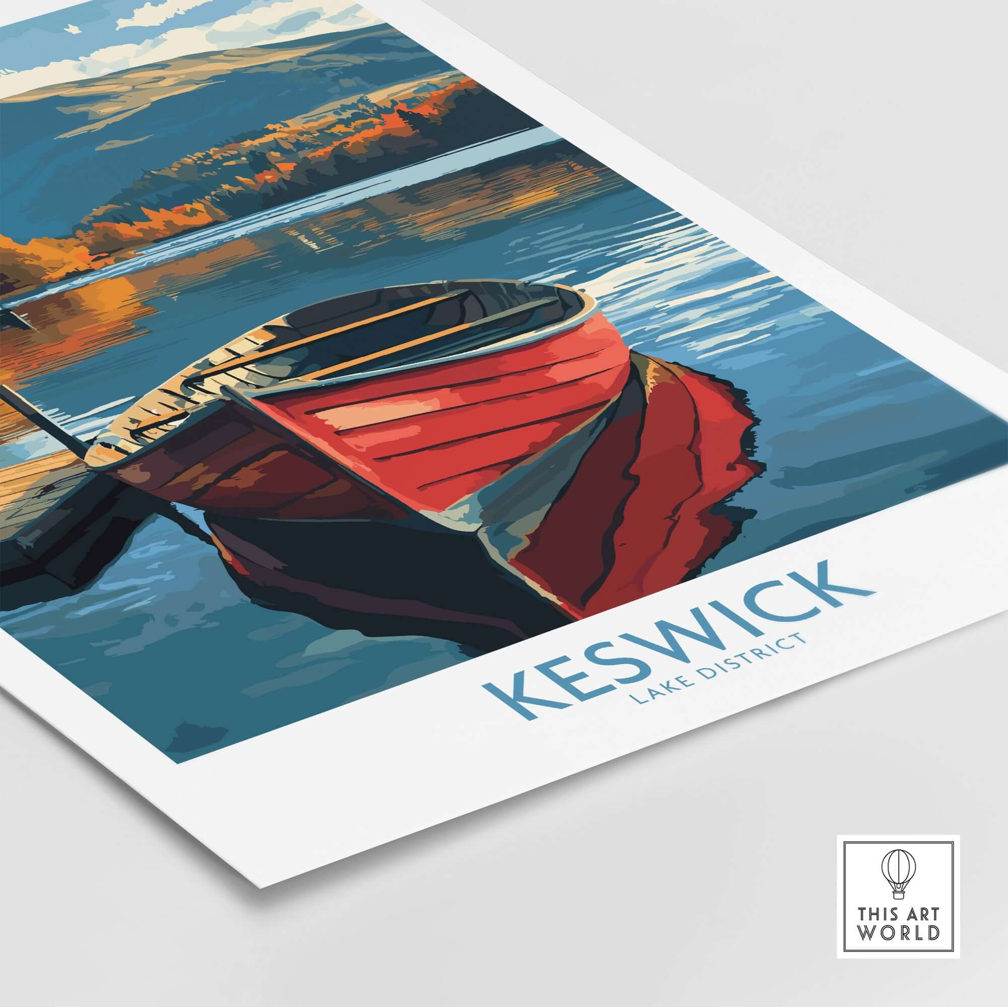 Keswick Poster featuring a vibrant red boat on a serene Lake District landscape.