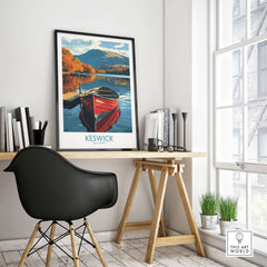 Keswick Poster displayed in a stylish workspace, showcasing a vibrant view of Keswick and its scenic landscape.