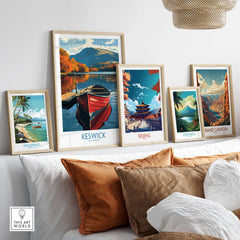 Keswick Poster displayed among other travel posters, showcasing artwork of picturesque landscapes.