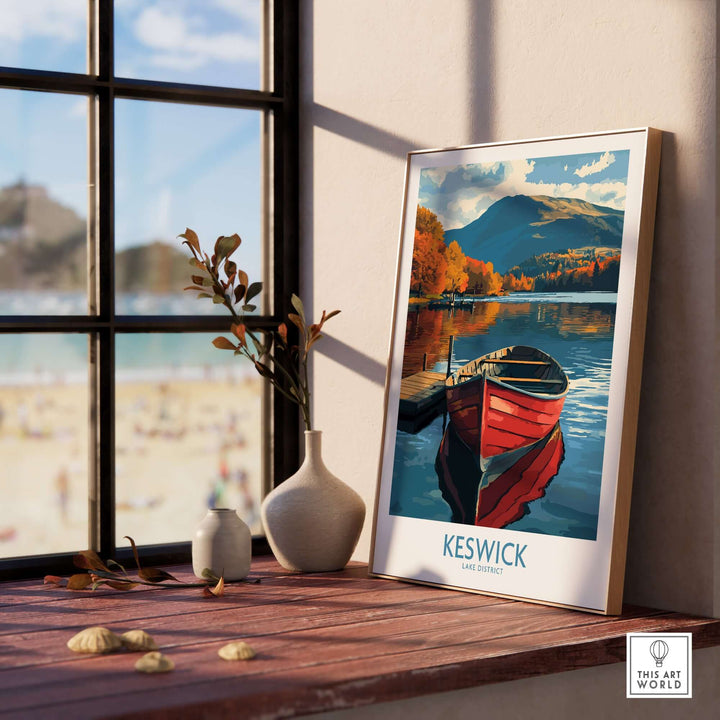 Keswick Poster featuring a scenic view of a red boat in Lake District, ideal for nature lovers decor.