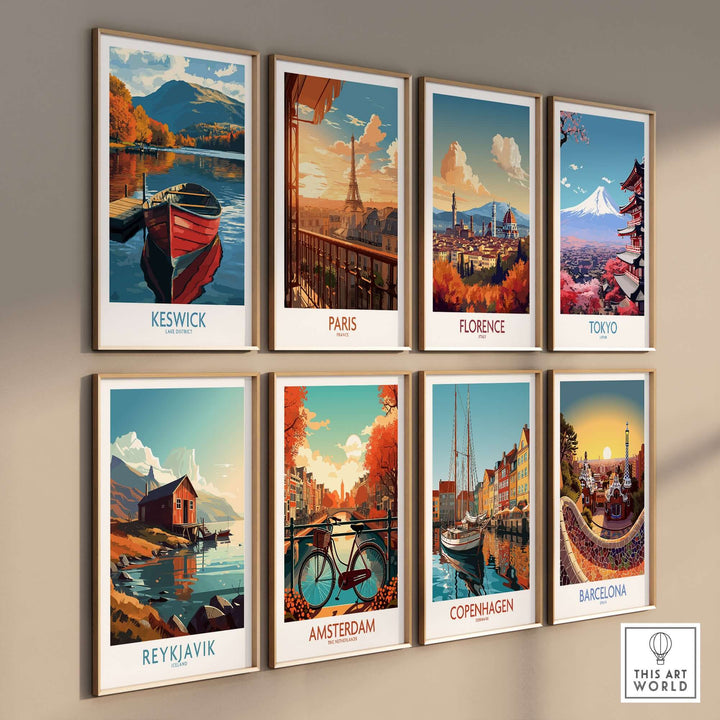 Collection of travel posters including Keswick, Paris, Florence, and more, showcasing vibrant landscapes and cityscapes.