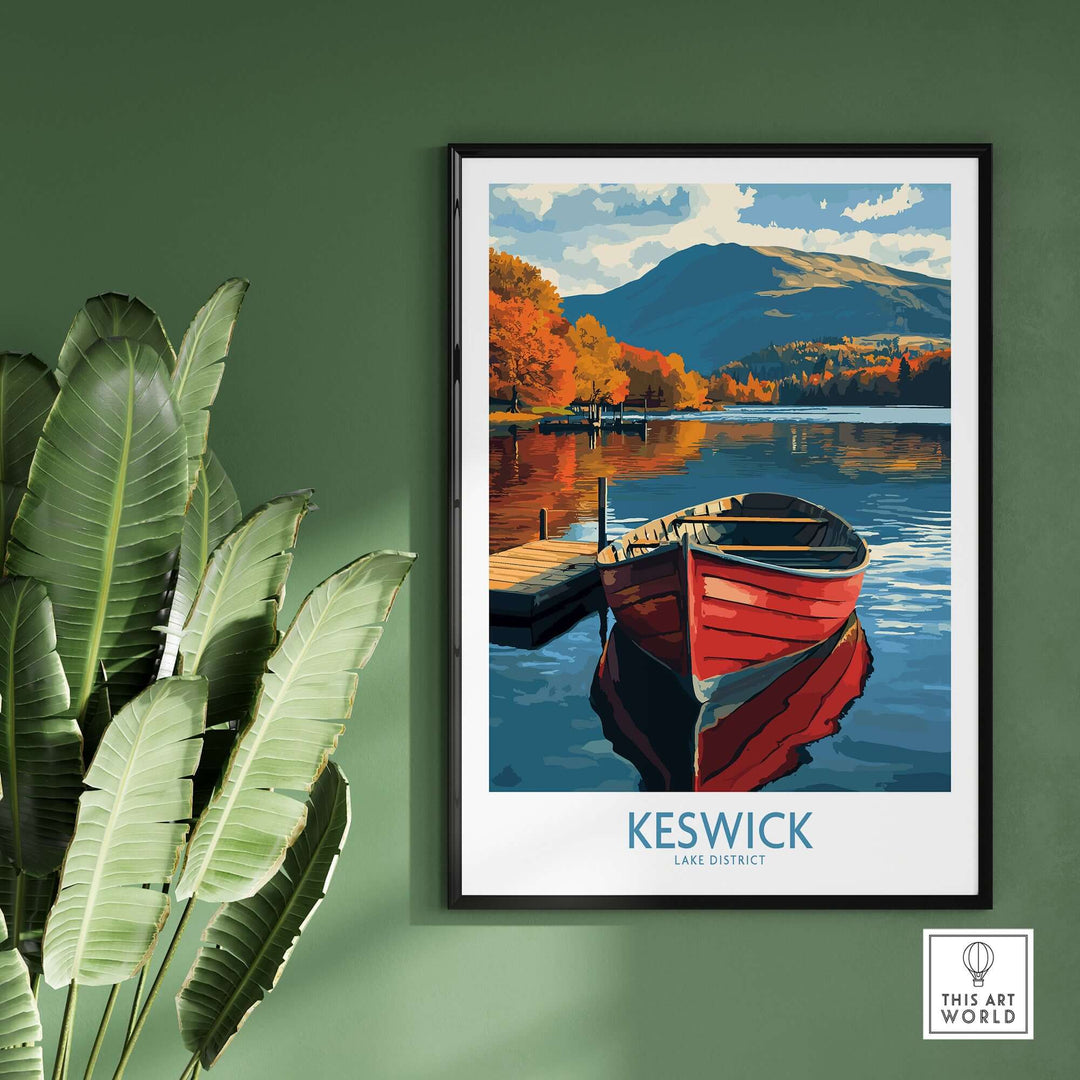 Keswick poster showcasing a scenic view of Lake District with a red boat on calm waters and vibrant autumn scenery.