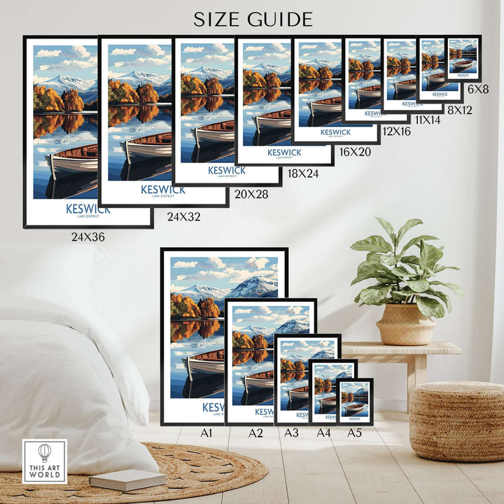 Keswick poster size guide featuring various dimensions and a serene lake view in the Lake District, enhancing home decor.