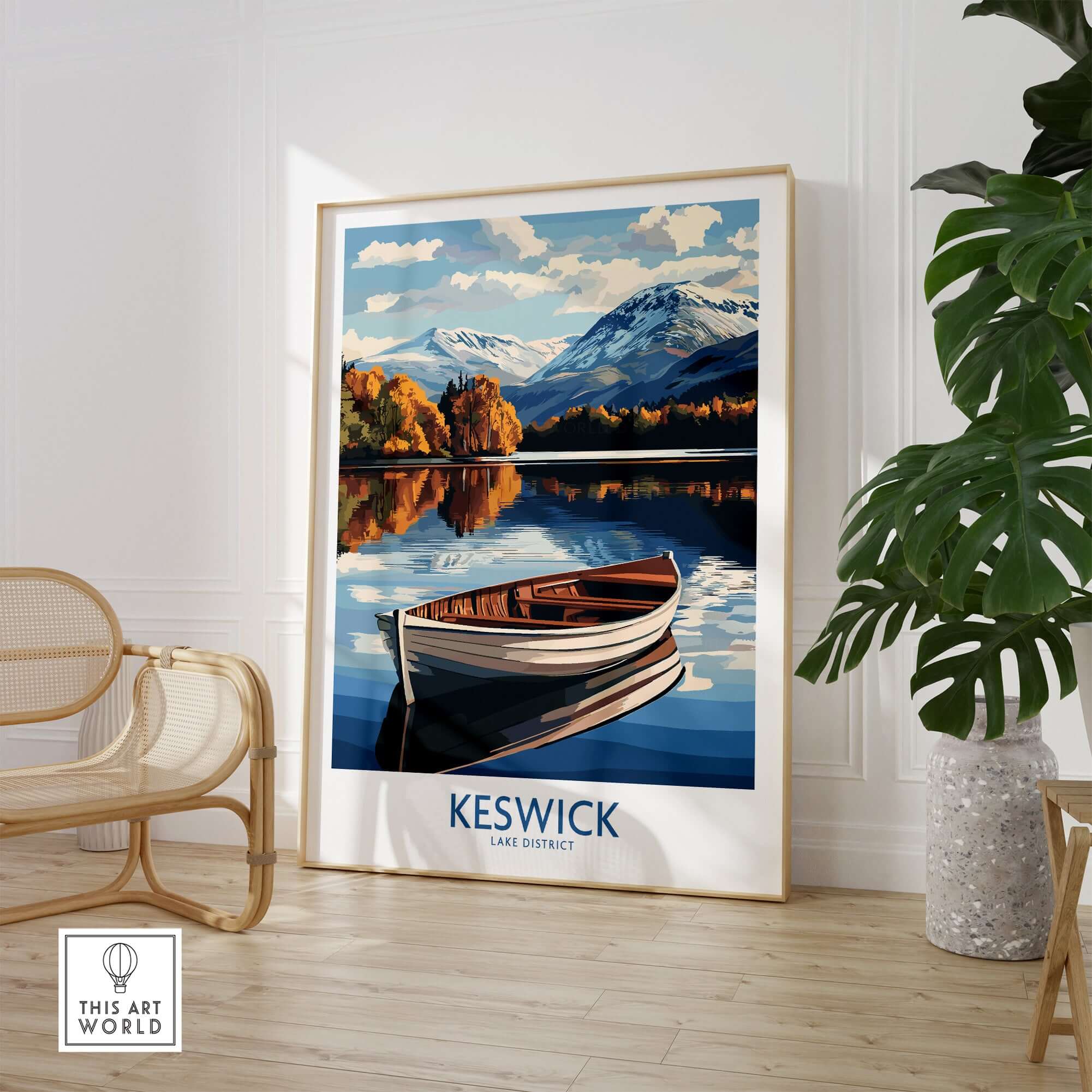 Keswick Poster Lake District featuring a serene lake view and mountains in a cozy living room setting.