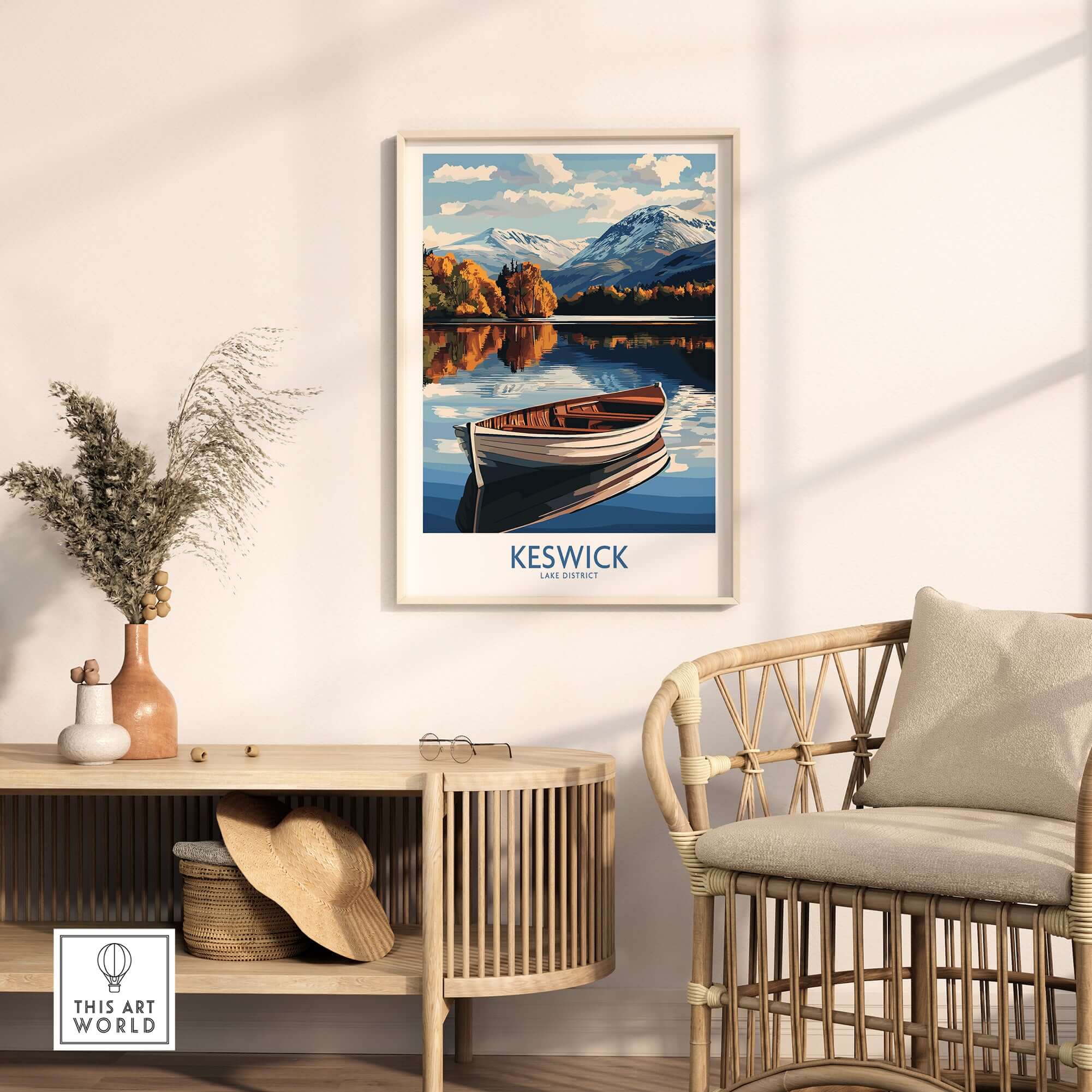 Keswick Poster Lake District showcasing a serene lake view with a boat and mountains in the background.