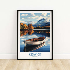 Keswick Poster Lake District featuring a scenic boat on a tranquil lake surrounded by mountains and colorful trees.