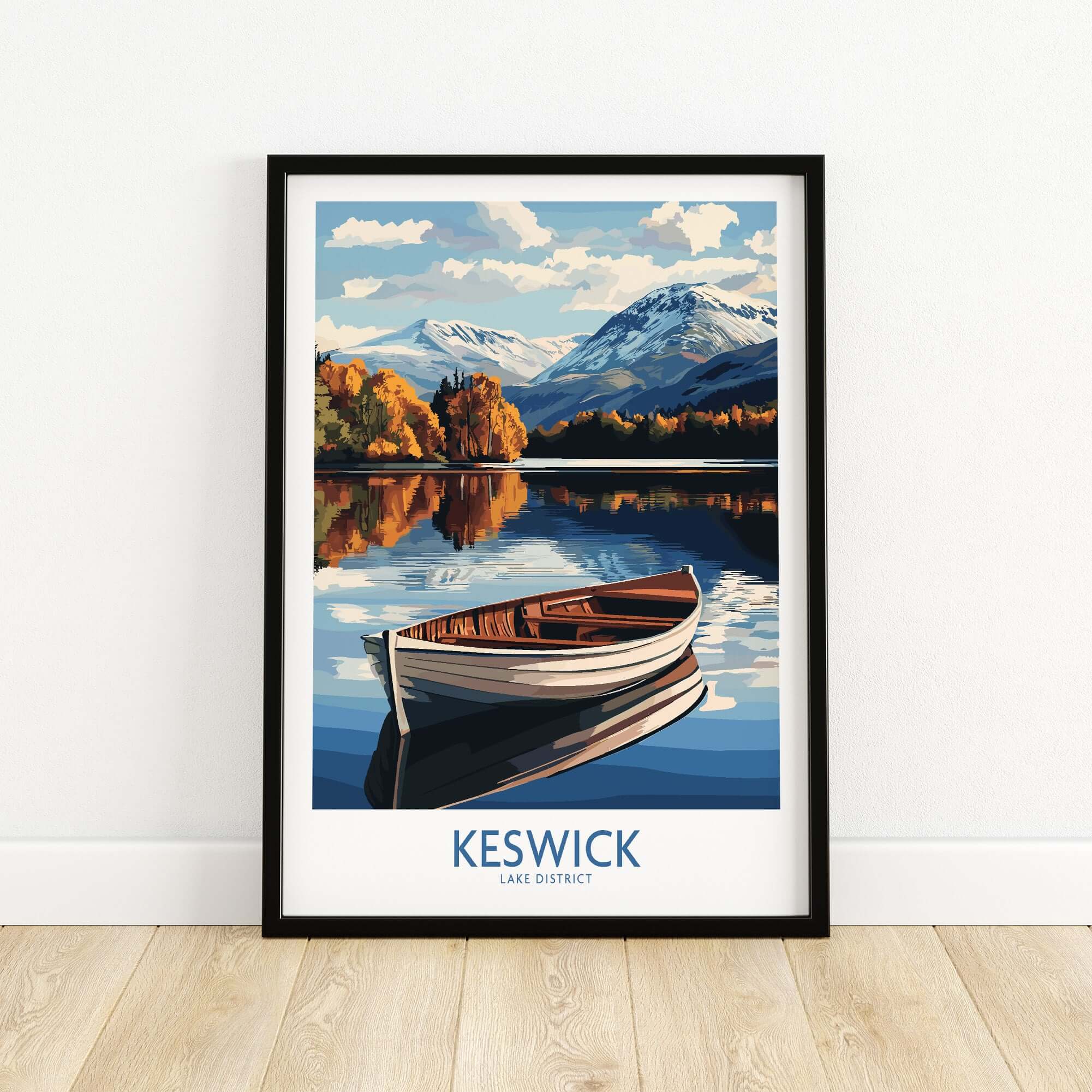 Keswick Poster Lake District featuring a scenic boat on a tranquil lake surrounded by mountains and colorful trees.