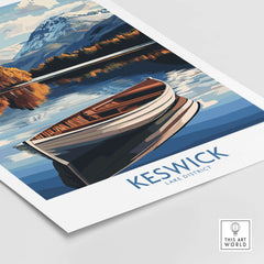 Keswick Poster Lake District featuring a scenic boat on a serene lake with mountains in the background.