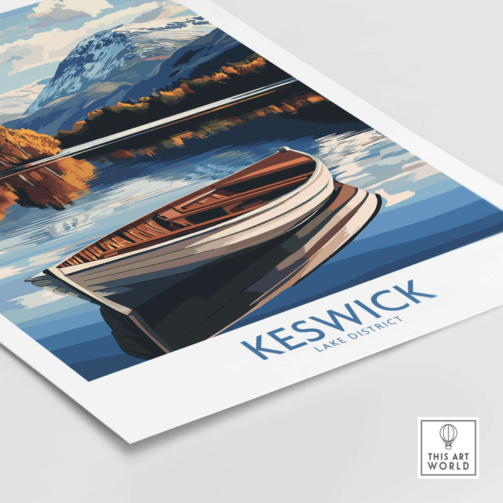 Keswick poster showcasing a serene boat on calm waters, highlighting the beauty of the Lake District.