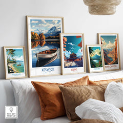 Keswick Poster Lake District displayed among travel-themed art prints on a stylish wall.