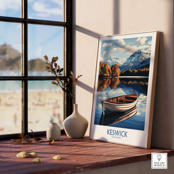 Keswick Poster showcasing a serene lake and mountains in the Lake District, enhancing home decor with natural beauty.