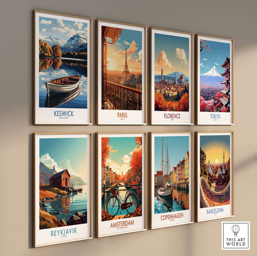 Gallery of travel posters featuring Keswick, Paris, Florence, Tokyo, Amsterdam, Copenhagen, Reykjavik, and Barcelona.