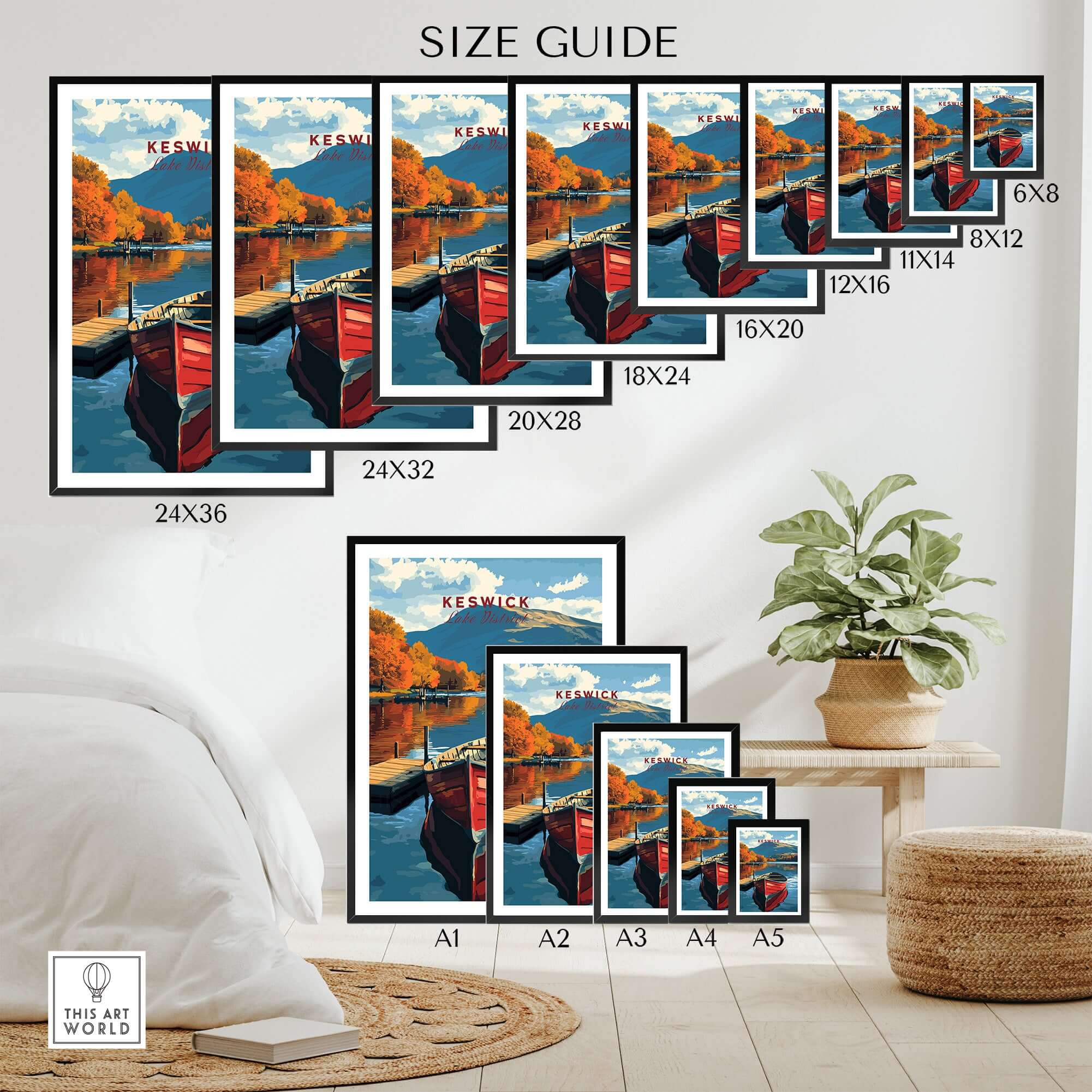 Keswick Print size guide showcasing various frame sizes for the stunning Lake District artwork.